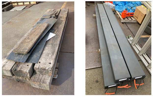 劣化した木製バタ角と樹脂製バタ角